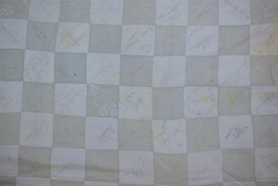 Lot 1123 - Early 20th century pale blue and white cotton patchwork bed cover, embroidered with the names...