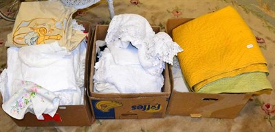 Lot 1127 - Three boxes of assorted textiles including quilts, bed covers, linen etc