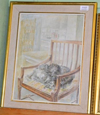Lot 1157 - Owen Bowen ROI, PRCamA (1873-1967) Poodle asleep on a chair , signed, oil on canvas, 39.5cm by 29cm