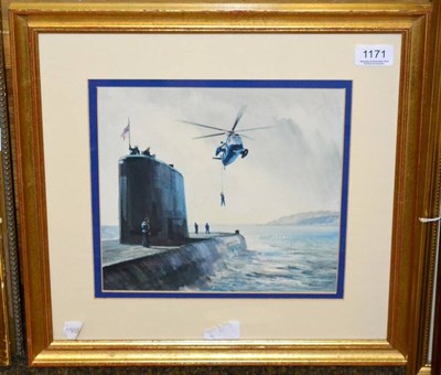 Lot 1171 - John Lewis Chapman (b.1946) Sea king helicopter and H.M.S. Invincible submarine, signed,...