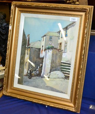 Lot 1181 - English School (20th century) Street scene in St Ives, indistinctly signed and dated, watercolour