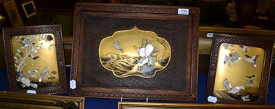 Lot 1189 - A large Japanese lacquer panel of a fisherman; and a pair of smaller examples with birds, all...