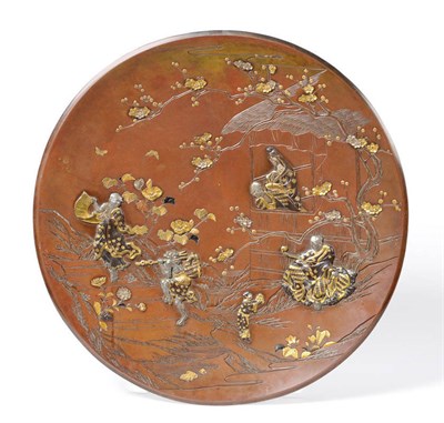 Lot 254 - A Japanese Bronze and Mixed Metal Inlaid Charger, Meiji period (1868-1912), shallow circular,...