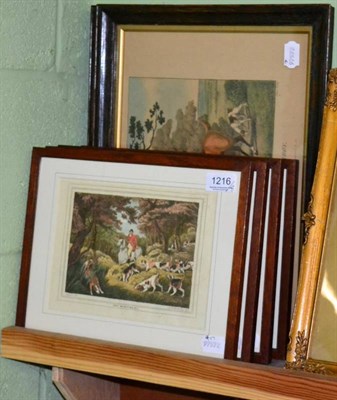 Lot 1216 - English School, a set of six coloured prints depicting scenes of fox hunting; together with two...