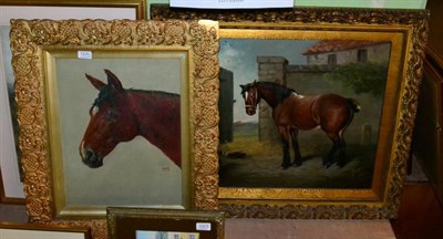 Lot 1220 - British School (20th century) Horse by farmyard gate, indistinctly signed and dated 1901, oil...