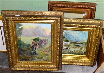 Lot 1225 - British School, huntsman and hounds, oil on canvas; together with jockeys exercising race...