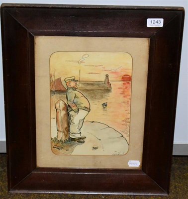 Lot 1243 - Wilfred Howells (20th century), fisherman on dock smoking a pipe, signed print
