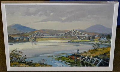 Lot 1249 - Keith Cresswell, Fisherman by bridge, signed oil on board