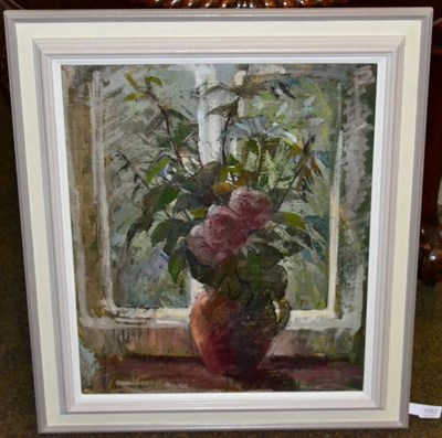 Lot 1252 - Constance-Anne Parker (1921-2016), still life of red peonies in an earthenware jug before a window