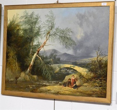 Lot 1277 - Attributed to Henry Shirley (19th century) Children in mountainous landscape before a bridge,...