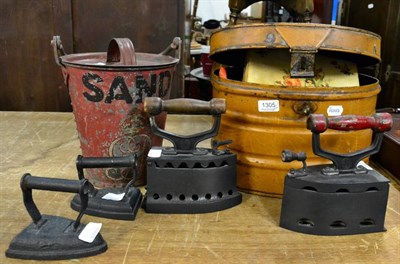 Lot 1305 - A tin hat box, Victorian flat irons, a box of antique keys, etc