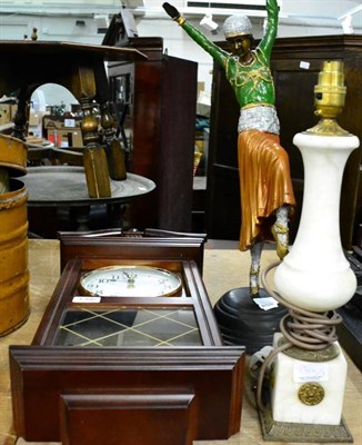 Lot 1306 - A reproduction painted figure of an Art Deco dancer, an alabaster table lamp and a wall clock