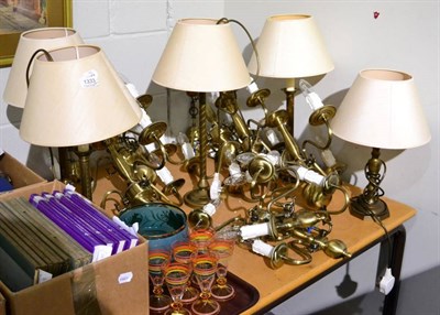 Lot 1333 - Five modern brass table lamps with shades; four two-branch brass wall lights; and four three-branch