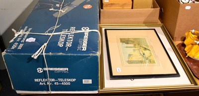 Lot 1334 - A Bresser reflecting telescope 45-4500, boxed; an Olympus microscope, cased with a box of...