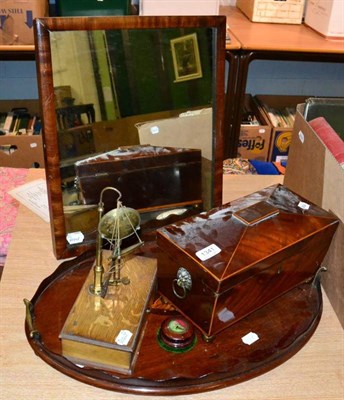 Lot 1341 - Mahogany easel back mirror; Regency mahogany tea caddy; mahogany galleried tray; and  brass scales