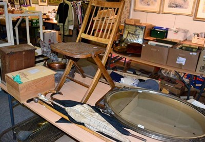 Lot 1346 - A 1920s oval bevel glass mirror; wooden tray; folding chair; two preserve pans; assorted...