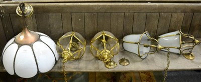 Lot 1361 - Pair of brass hanging lanterns with clear glass shades; pair of brass hanging lanterns with...