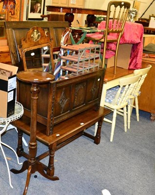 Lot 1388 - Quantity of furniture to include reproduction oak coffee table; oak blanket box; wine rack;...