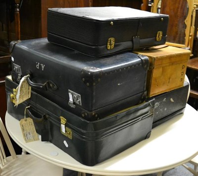 Lot 1392 - Five assorted suitcases including a leather example stamped 'GPD'; together with two 19th...