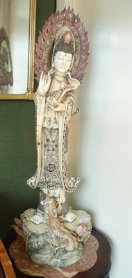 Lot 273 - A Chinese Carved, Incised and Polychrome Painted Large Figure of the Goddess of Mercy Guanyin, 20th
