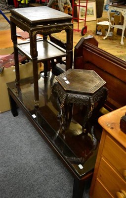 Lot 1408 - A Chinese hardwood coffee table; a chinoiserie occasional table; and a small carved hardwood...