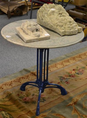 Lot 1420 - Circular marble top garden table with metal base; modern water feature in the form of a lions mask