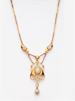 Lot 277 - An Art Nouveau Opal and Pearl Necklace, the openwork pendant with a cabochon opal centrally,...