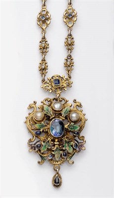 Lot 279 - An Austro Hungarian Silver Gilt Sapphire and Pearl Enamelled Pendant on Chain, circa 1870-90,...