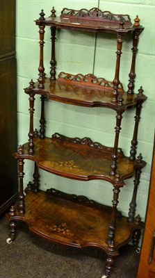 Lot 1473 - Victorian figured walnut and marquetry inlaid four tier graduated whatnot