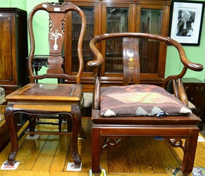 Lot 1501 - A Chinese hardwood and inlaid open armchair with loose cushion; together with a Chinese...