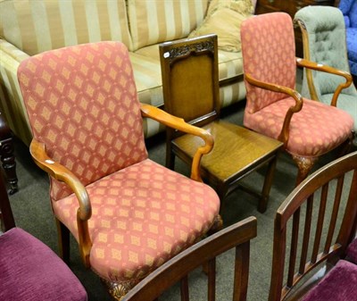 Lot 1548 - Pair of early 20th century walnut armchairs, on carved cabriole legs; and an oak dining chair...