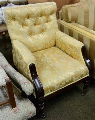 Lot 1551 - Mid-19th century mahogany framed armchair, later recovered in yellow fabric