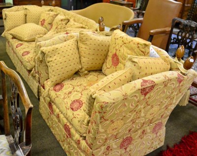 Lot 1561 - Pair of David Gundry three-seater knoll style sofas, upholstered in Agra Spice Gold pattern fabric