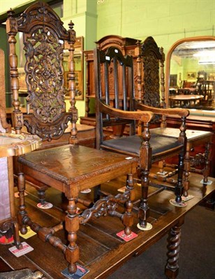 Lot 1599 - Pair of Victorian carved oak single chairs; and a 1920's oak armchair with drop-in seat