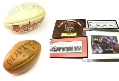 Lot 3028 - Two Signed Rugby Balls, together with a Twickenham East Stand commemorative plaque and other prints