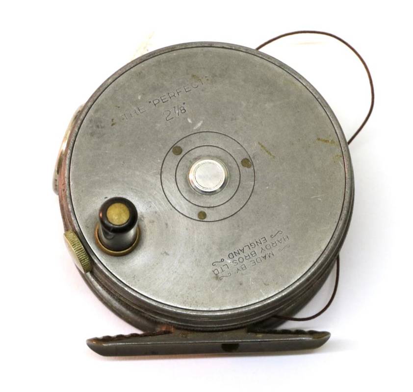 Lot 3042 - A Hardy 2 7/8'' Alloy 'Perfect' Fly Reel, with slim black handle, notched brass foot, nickel...
