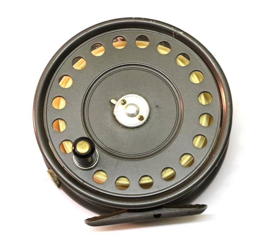 Lot 3048 - A Hardy 3 7/8'' Alloy 'St.John' Fly Reel, with black handle, notched brass foot, grey enamel...