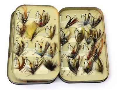 Lot 3054 - A Japanned Salmon Fly Tin, patent no.15561, containing a quantity of named steel eyed salmon flies