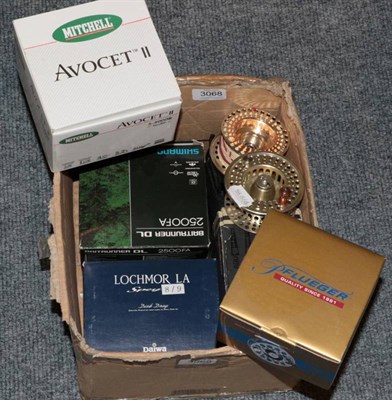 Lot 3068 - Five Boxed Fishing Reels, comprising Pflueger Trion fly reel with spare spool, Mitchell Avocet...