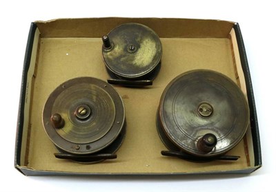 Lot 3090 - Three Brass Salmon Platewind Reels, comprising Warners of Reddith brass faced ebonite reel, Gowland