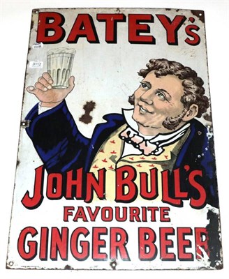 Lot 3112 - Batey's Enamel Advertising Sign 'John Bull's Favourite Ginger Beer' red lettering on white...