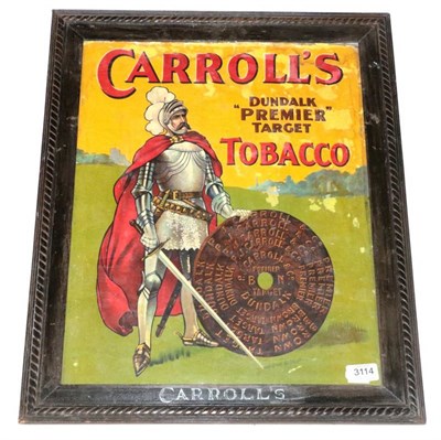 Lot 3114 - Carrolls Tobacco Advertising Poster 'Dundalk Premier Target' depicting knight in armour with...