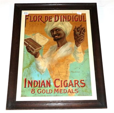 Lot 3124 - Flor Of Dinpigul Advertising Poster 'Indian Cigars 8 Gold Medals'' depicting man in turban...