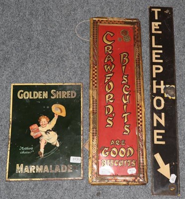 Lot 3131 - Metal Advertising Signs Telephone, Golden Shred Marmalade, Crawfords Biscuits and Tizer (4)