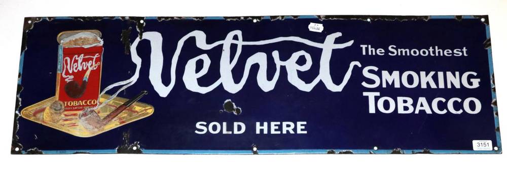 Lot 3151 - Velvet Enamel Advertising Sign 'The smoothest smoking tobacco sold here' white lettering on...