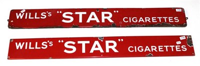 Lot 3156 - Wills's Star Cigarettes Enamel Advertising Signs both white lettering on red ground  48x6'',...
