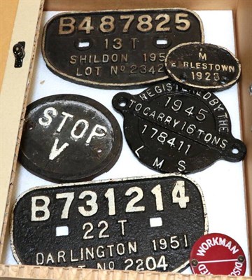 Lot 3162 - Cast Iron Railway Plates two wagon D-plates: Shildon 13T and Darlington 22T; LMS registration plate
