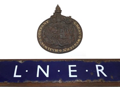 Lot 3163 - Great Western Railway Cast Iron Crest 11'', 28cm wide, together with an LNER enamel sign with white