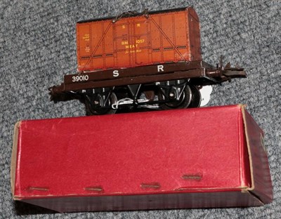 Lot 3215 - Hornby O Gauge Flat Truck With Container SR post war version with Meat Container with date...