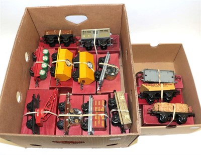 Lot 3230 - Hornby O Gauge Various Boxed Wagons including NE flat with container, Castrol barrel wagon, two...